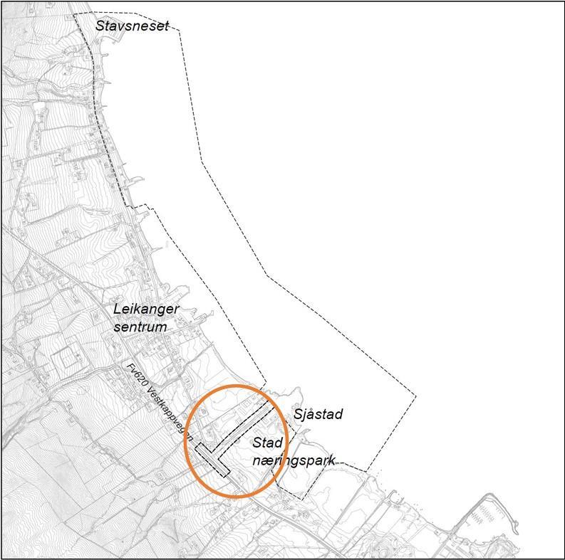 Kart med utviding av planavgrensing for Stad molo og Leikanger indre hamn  - Klikk for stort bilete